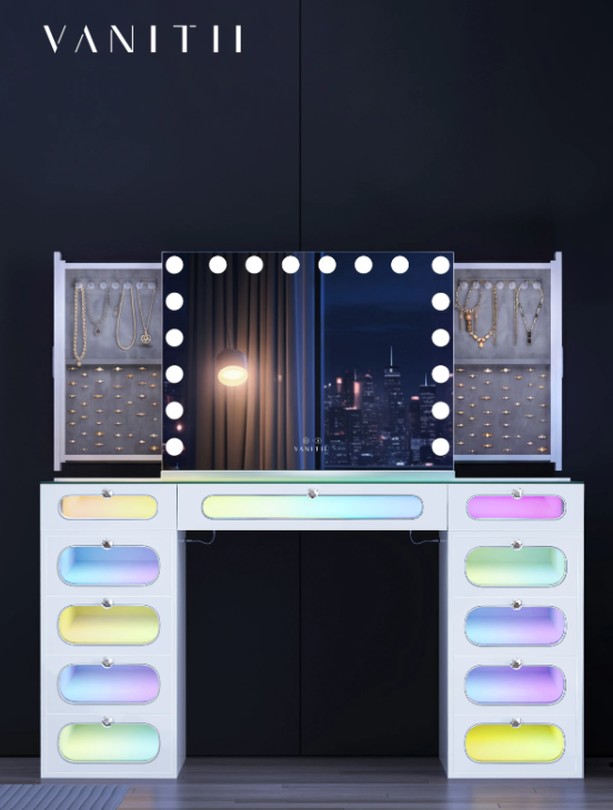 Screenshot 2026-08-29 101202 Hideaway Jewelry Vanity Mirror with LED Bulbs, Bluetooth Speaker & Storage - Image 1