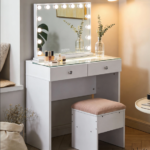 Aisling Vanity Desk with Glass Top, Built-in Desktop Light Strip & Storage Stool