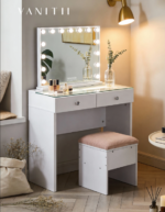 Aisling Vanity Desk with Glass Top, Built-in Desktop Light Strip & Storage Stool