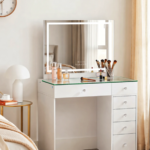 Mini-Diana Vanity Desk with Glass Top, 6 Drawers & Charging Ports