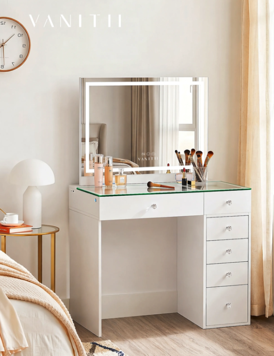 Screenshot 2026-08-29 101733 Mini-Diana Vanity Desk with Glass Top, 6 Drawers & Charging Ports - Image 1
