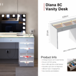 Diana 8C Vanity Desk with Glass Top, Illuminated Drawers & Charging Ports