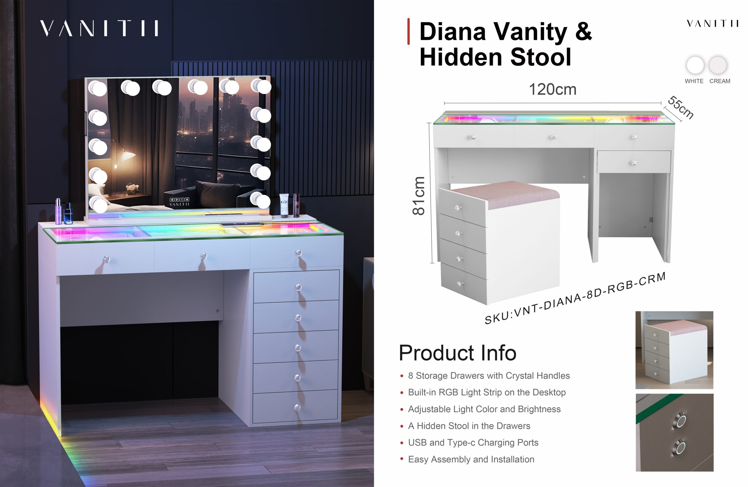 VANITII Catalog-0514-12.jpg Diana Vanity Desk & Hidden Stool with RGB Desktop Light Strip & Charging Ports - Image 1