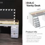 EVA-C Vanity Desk with Glass Top, Illuminated Drawers & Charging Ports