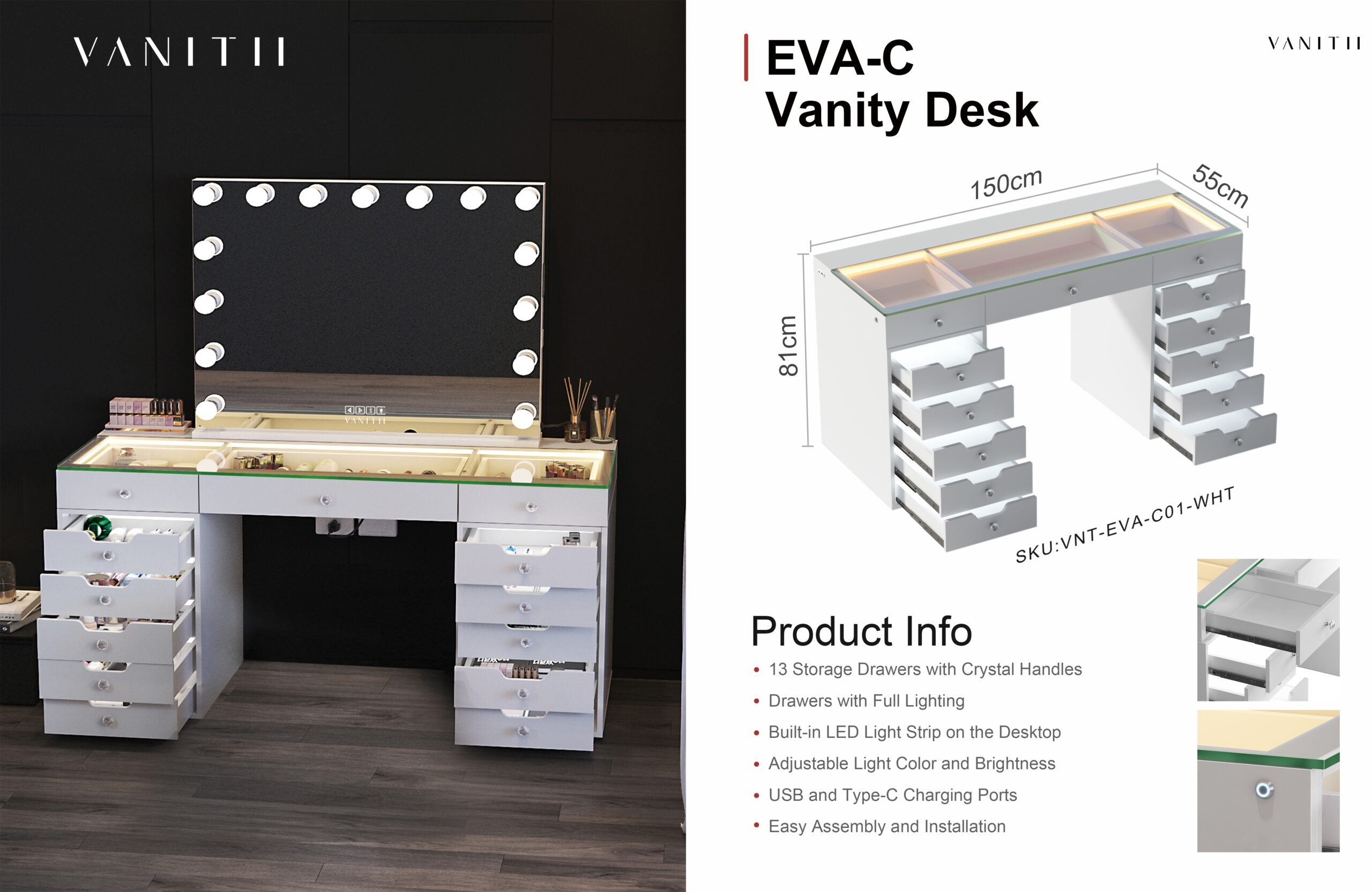 VANITII Catalog-0514-14.jpg EVA-C Vanity Desk with Glass Top, Illuminated Drawers & Charging Ports - Image 1