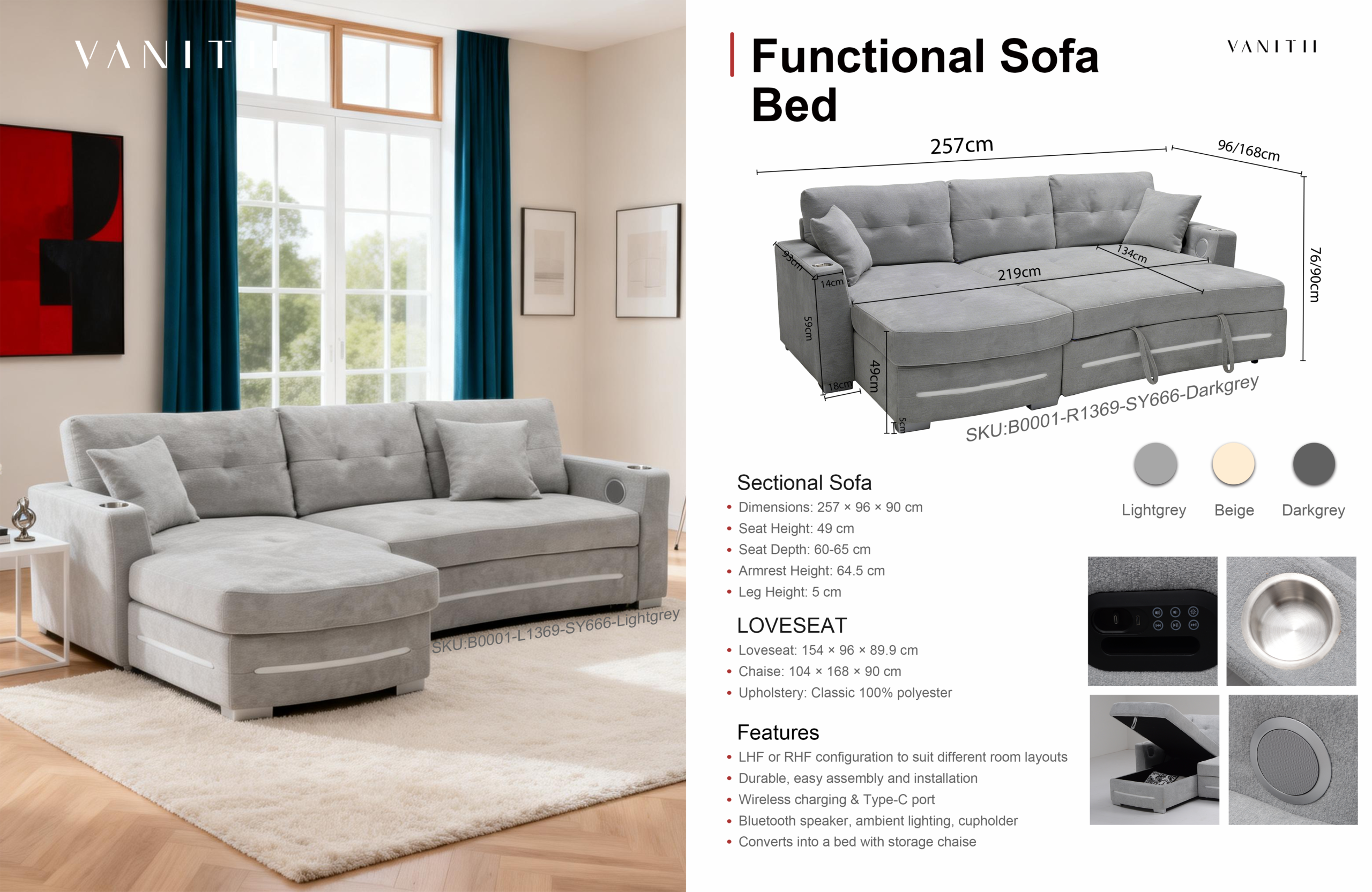 VANITII Catalog-0514-16 Functional Convertible Sectional Sofa Bed with Storage Chaise & Tech Station - Image 1