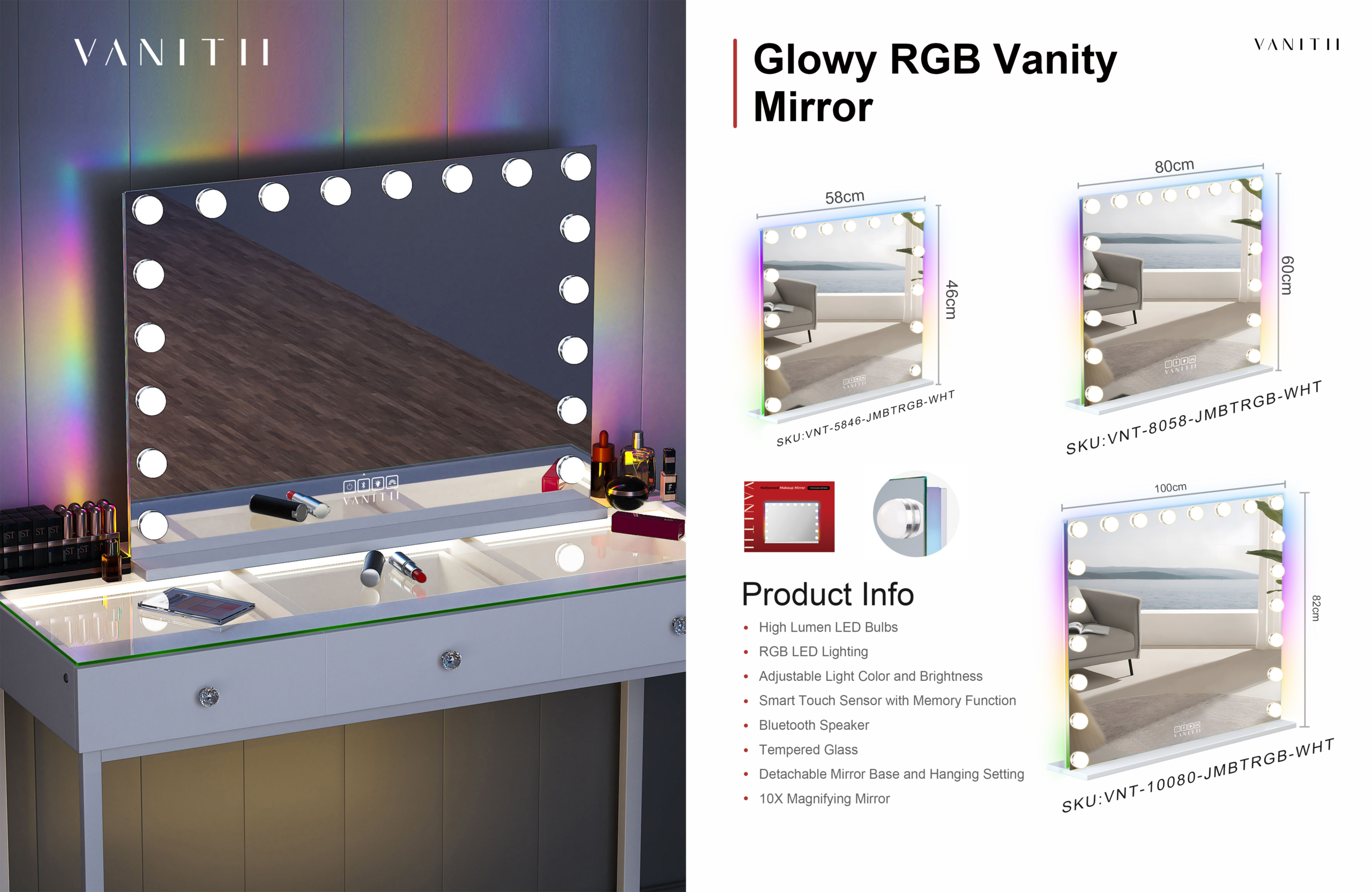 VANITII Catalog-0514-2 VANITII Glowy RGB Vanity Mirror with Bluetooth Speaker & Smart Touch Control - Image 1