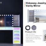 Hideaway Jewelry Vanity Mirror with LED Bulbs, Bluetooth Speaker & Storage