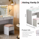 Aisling Vanity Desk with Glass Top, Built-in Desktop Light Strip & Storage Stool