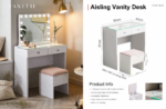 Aisling Vanity Desk with Glass Top, Built-in Desktop Light Strip & Storage Stool